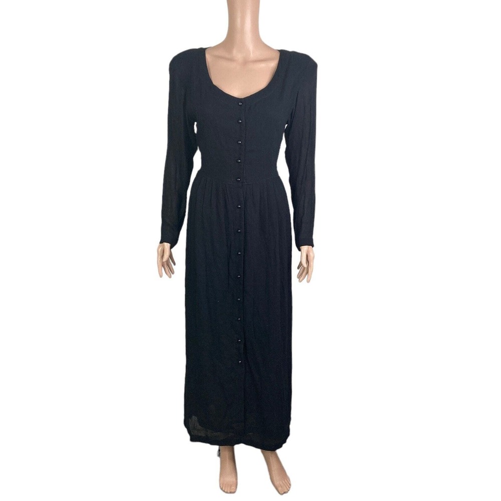 SHE Dress Maxi Womens Small Black Button Front Long Sleeves Pockets